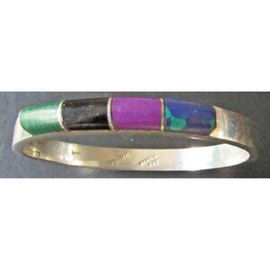 Taxco Sterling Silver Onyx Bracelet Bangle Surgilite  Malachite  Hinged 6.75 "